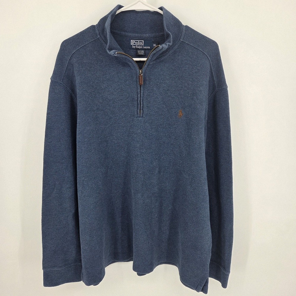 Polo Ralph Lauren Quarter Zip XL Navy Brown Pony Blue Estate Rib Pullover Preppy